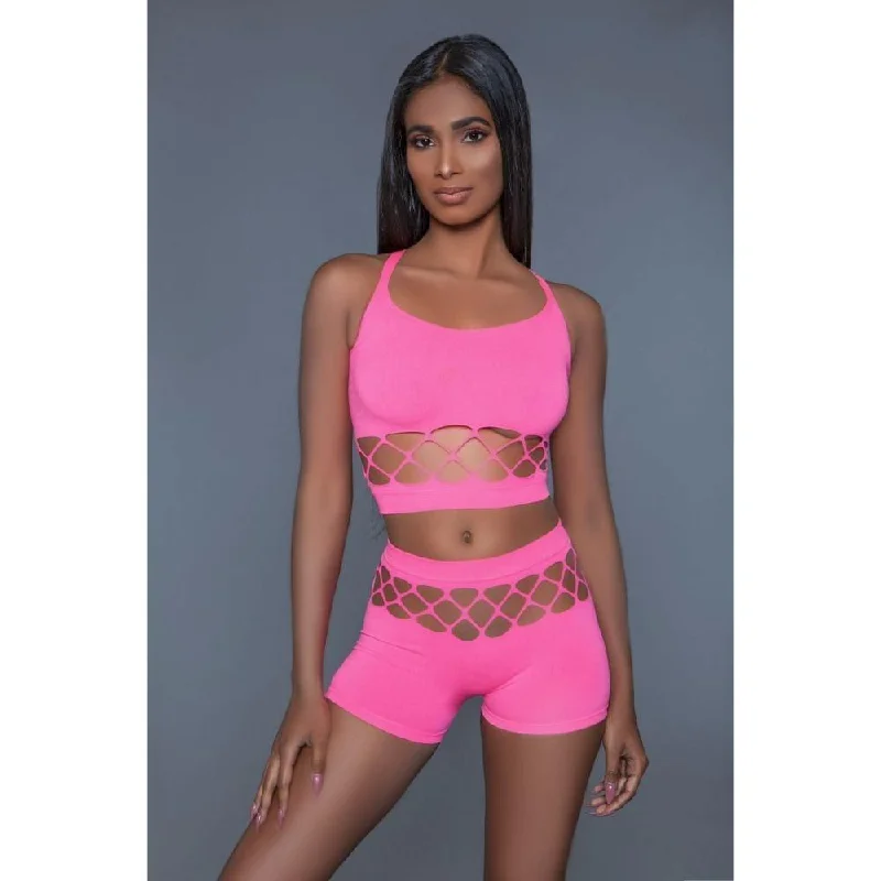 2 pc silk fishnet set that includes a tank crop top with criss-cross cami straps and a pair of high waisted booty shorts navy tank top