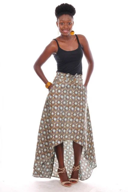 Aqua and Brown African Print High waist High Low Skirt-DP3259HL linen skirt breathable