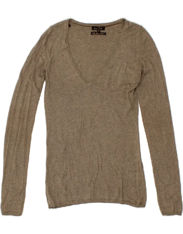 MASSIMO DUTTI Womens V-Neck Jumper Sweater UK 10 Small Brown Silk Boat Neck Shawl Collar Notched Collar