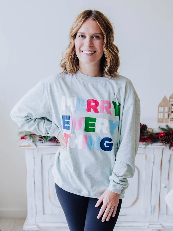 Women's Oversized Warm Knit Sweatshirt - Merry Everything on Gray Hoodie with Frayed Bohemian Relaxed