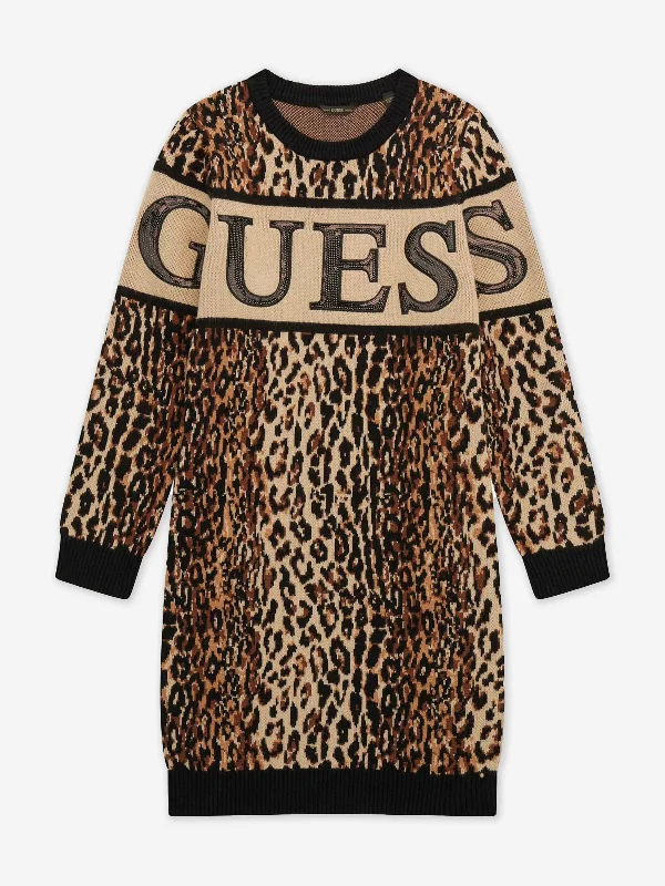 Guess Girls Leopard Print Sweater Dress in Brown Neon Metallic Matte