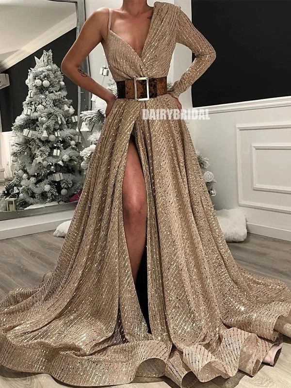 Unique Long Sleeve Sequin A-line Slit V-neck Prom Dresses, FC4143 Tunics Silk luxurious