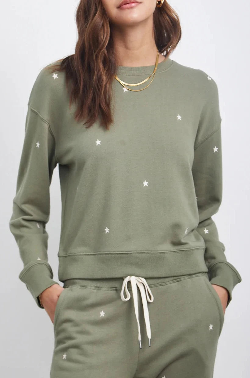 RAMONA SWEATSHIRT - OLIVE EMBROIDERED IVORY STARS Hoodie with Pattern Geometric Abstract