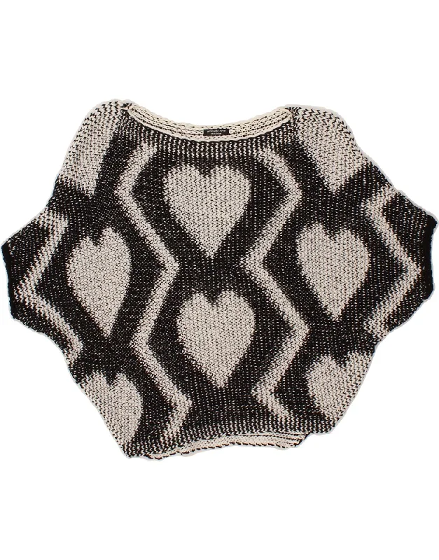 VINTAGE Womens Batwing Boat Neck Jumper Sweater UK 14 Medium Grey Heart Front Pockets Side Pockets Patch Pockets