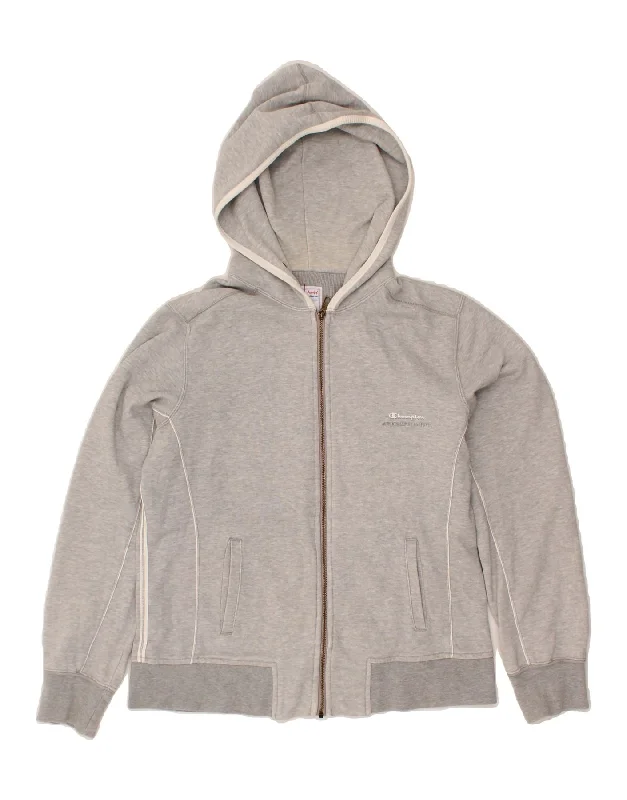 CHAMPION Womens Zip Hoodie Sweater UK 14 Large Grey Cotton Striped Floral Plaid