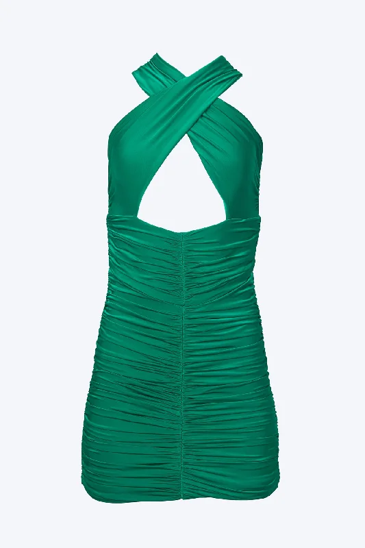 VIV CUTOUT RUCHED SLINKY JERSEY MINI DRESS V Neck Jersey Blouse