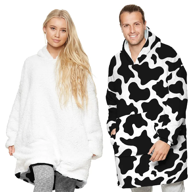 TARRAMARRA® Reversible Hoodie Blanket Unisex Cow Print Hoodie with Half-Zip Sporty Casual