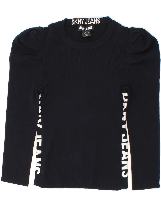 DKNY Womens Graphic 3/4 Sleeve Crew Neck Jumper Sweater UK 12 Medium Black Striped Floral Plaid