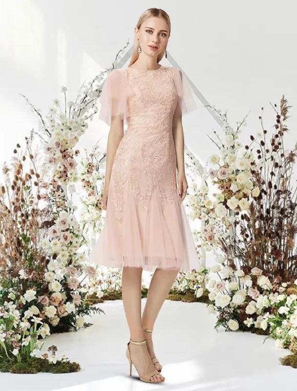 A-Line Cocktail Dresses Flirty Dress Graduation Knee Length Half Sleeve Jewel Neck Lace with Appliques Tunics Hiking breathable