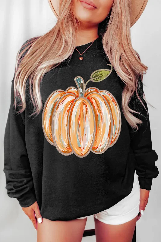 Black Fall Pumpkin Graphic Drop Shoulder Sweatshirt Hoodie with Side Slits Relaxed Casual