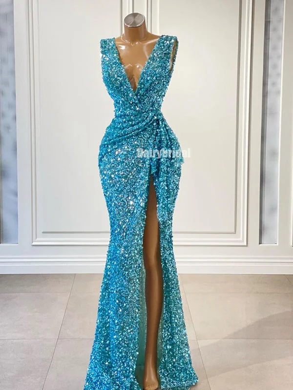 Sexy Deep V-neck Mermaid Sequin Side Split Prom Dresses, FC6268 Tunics Brand named