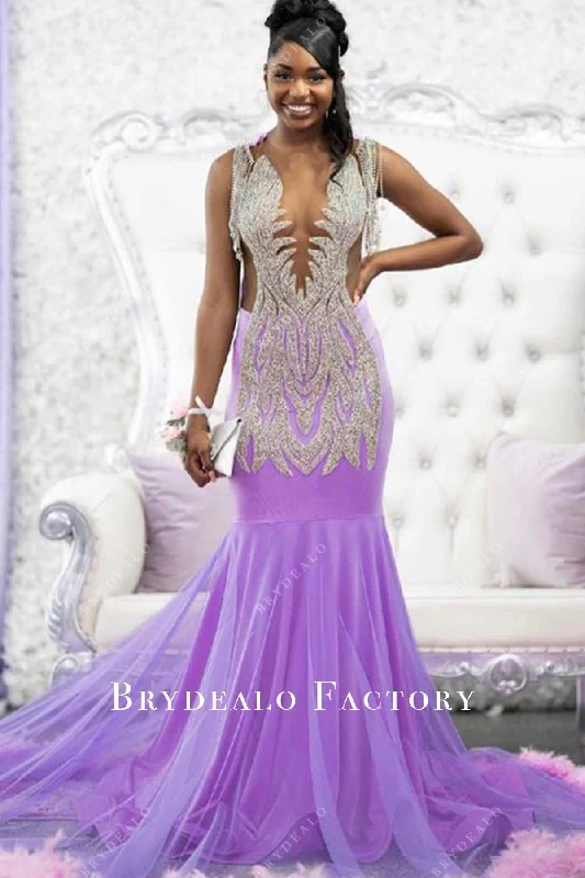 Rhinestones Plunging Neck Lilac Tulle Pink Feathers Prom Dress Tunics Office stylish