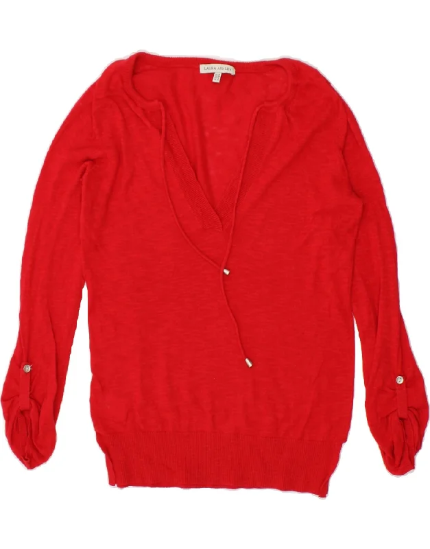 LAURA ASHLEY Womens V-Neck Jumper Sweater UK 10 Small Red Cotton Graphic Sweater Embroidered Appliqued