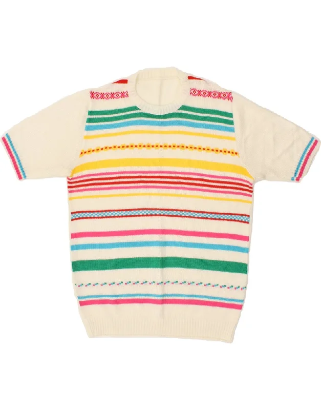 VINTAGE Womens Crew Neck Jumper Sweater UK 14 Medium Multicoloured Striped Slim Fit Regular Fit Oversized