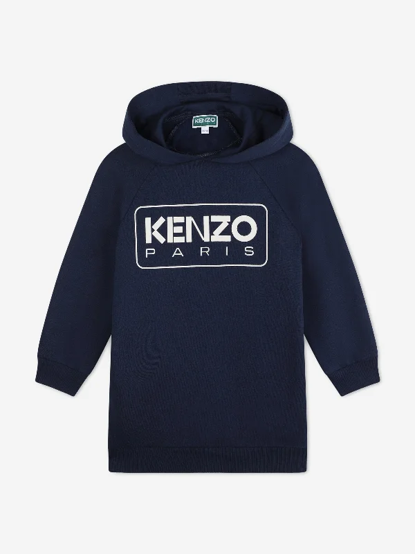 KENZO Girls Hooded Sweater Dress in Navy Glossy Satin Silk