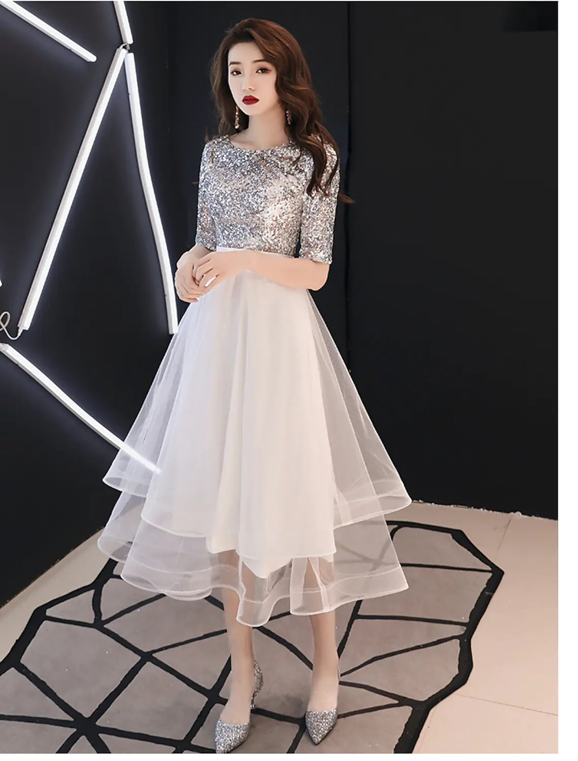 A-Line Cocktail Party Prom Dress Half Sleeve Length Satin with Sequin Tier Tunics Chic fashionable