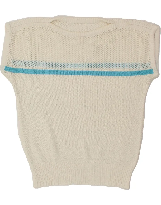 VINTAGE Womens Short Sleeve Crew Neck Jumper Sweater UK 14 Medium White Fitted Loose Oversized