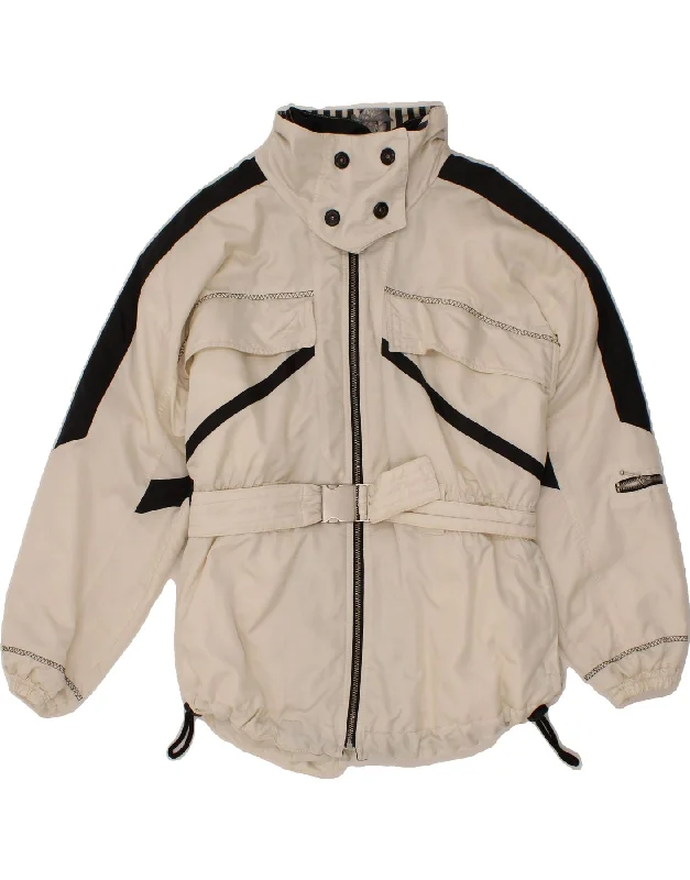 ELEGANCE Womens Rain Jacket EU 40 Medium Off White Colourblock Polyamide A-Line Jacket Boat Neck Shawl Collar