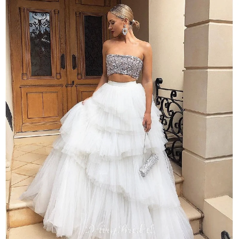 Two Pieces A-line Sparkly Sequin Top Tulle Floor-length Prom Dresses, FC4025 Tunics Versatile stylish