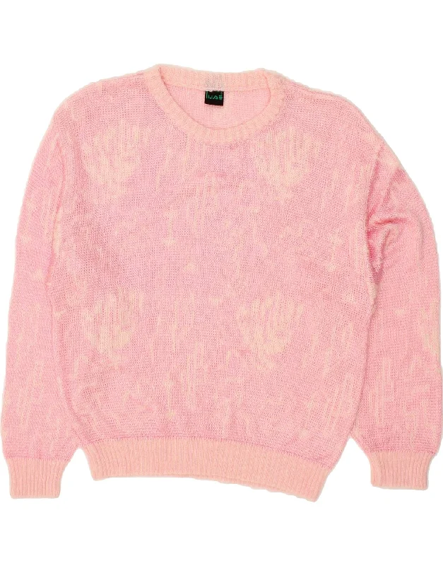 VINTAGE Womens Abstract Pattern Boat Neck Jumper Sweater UK 16 Large Pink Open Front Closed Front Wrap Front
