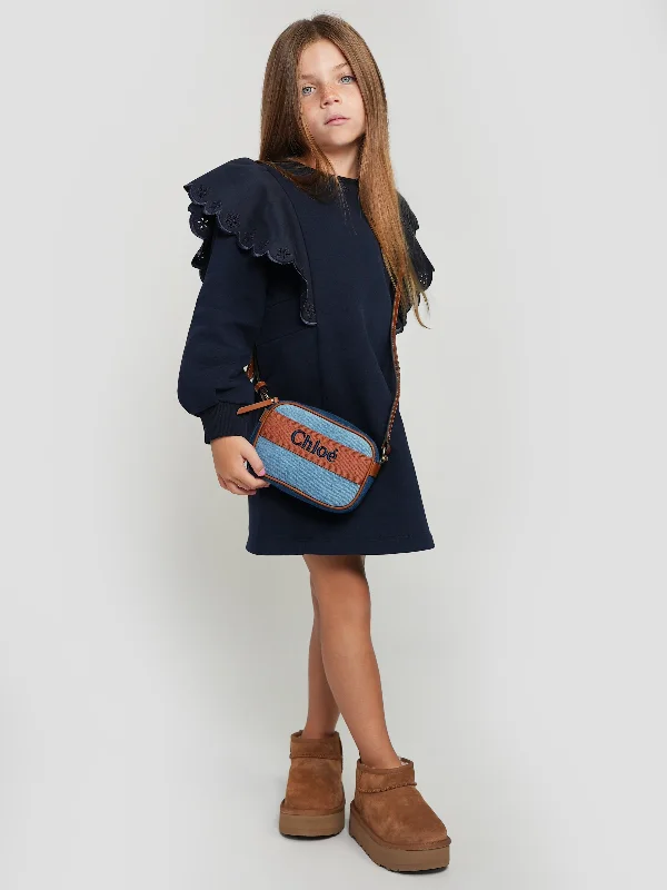 Chloé Girls Ruffle Sweater Dress in Navy Houndstooth Herringbone Solid