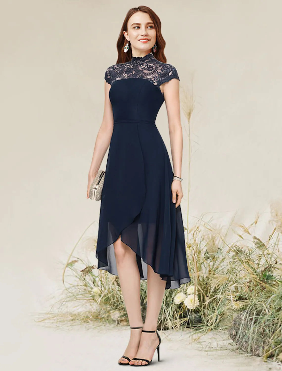 A-Line Cocktail Dresses Homecoming Asymmetrical Sleeveless Neck Chiffon with Lace Tunics Wedding white