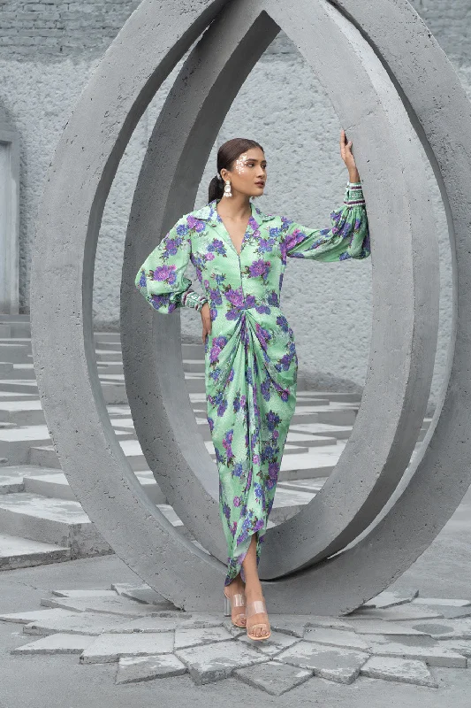 Sea Green Printed Draped Dress Crew Neckline Casual