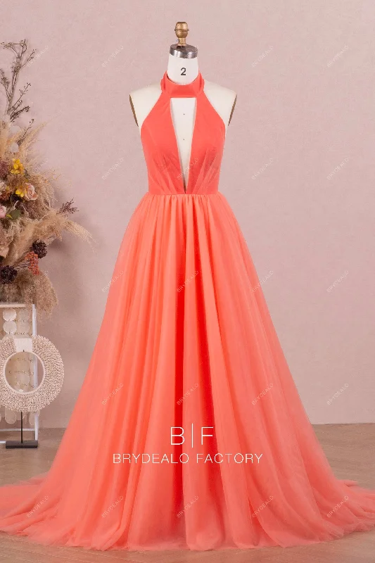 Plunging Halter Neck Watermelon Tulle Ball Gown Formal Dress Maxi Flowy Bohemian