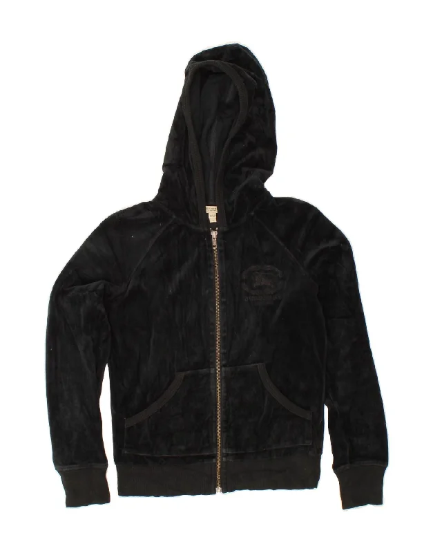 BURBERRY Womens Velvet Zip Hoodie Sweater UK 10 Small Black Cotton Glossy Satin Silk