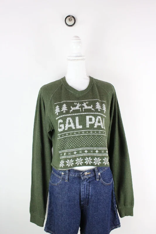 Vintage Green Crop Sweatshirt (S) Hoodie with Camouflage Military Edgy