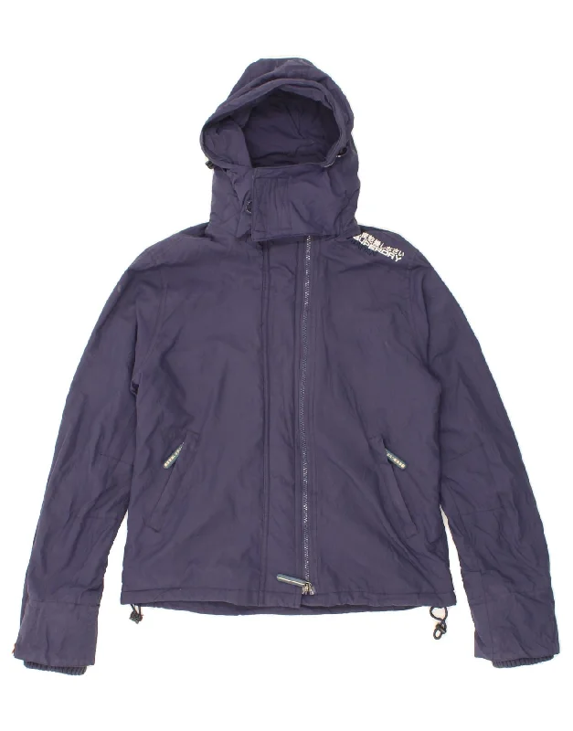 SUPERDRY Womens Hooded Windbreaker Jacket UK 14 Large Navy Blue Nylon Zippered Jacket Buttoned Jacket Snapped Jacket