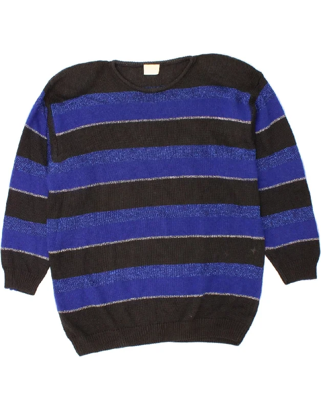 VINTAGE Womens Boat Neck Jumper Sweater UK 18 XL Blue Striped Viscose Spandex Rayon Corduroy