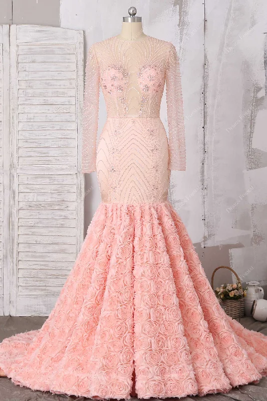 Peach Luxury Beading Dramatic 3D Roses Trumpet Dress Tunics Travel practical