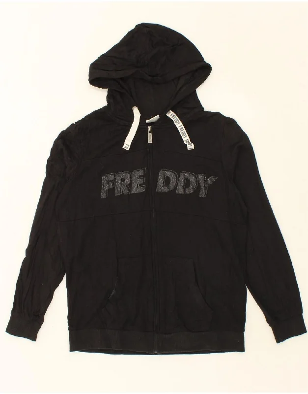 FREDDY Womens Oversized Graphic Zip Hoodie Sweater UK 10 Small Black Layered Multi-layer Single Layer