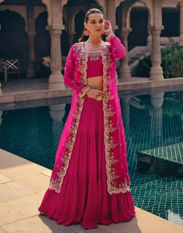 Elegant Pink Embroidered Chinon Silk Georgette Lehenga Blouse with Stylish Jacket A-Line Jacket Boat Neck Shawl Collar