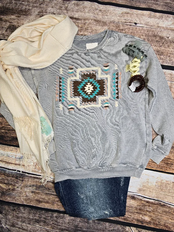 Aztec Mineral Sweatshirt - Grey Hoodie with Hem Raw Edge Edgy Unfinished