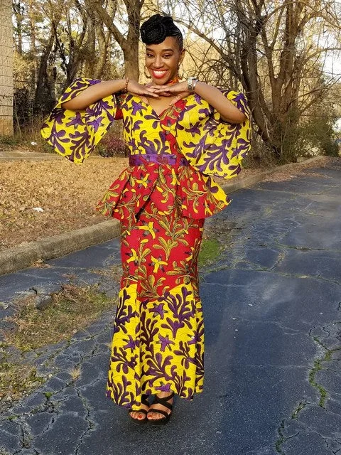 Red Yellow Purple African Print Peplum Top and Skirt-DP3941TS high slit skirt