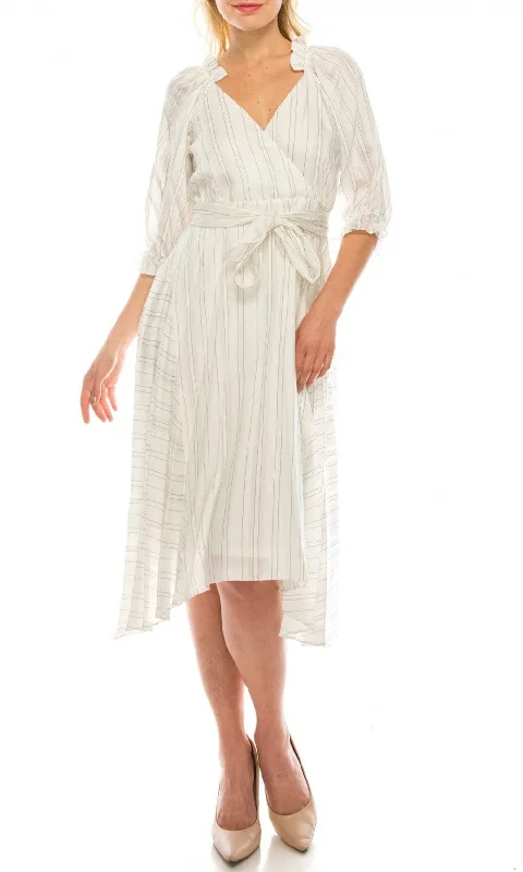 Maison Tara - 91053MSC Pinstripe Print Tie Waist Tea Length Dress Floral Print girly