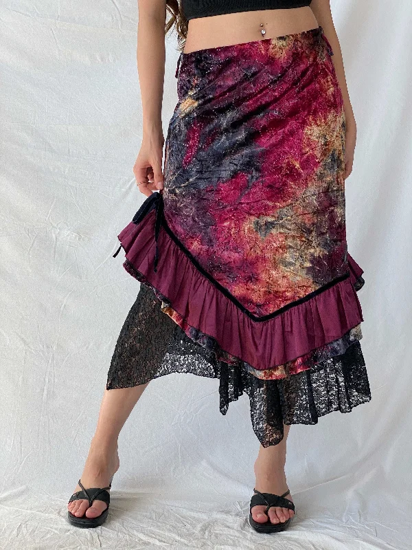 00s Bonadea Whimsygoth Velvet Asymmetric Lace Hem Skirt - L silk skirt elegant