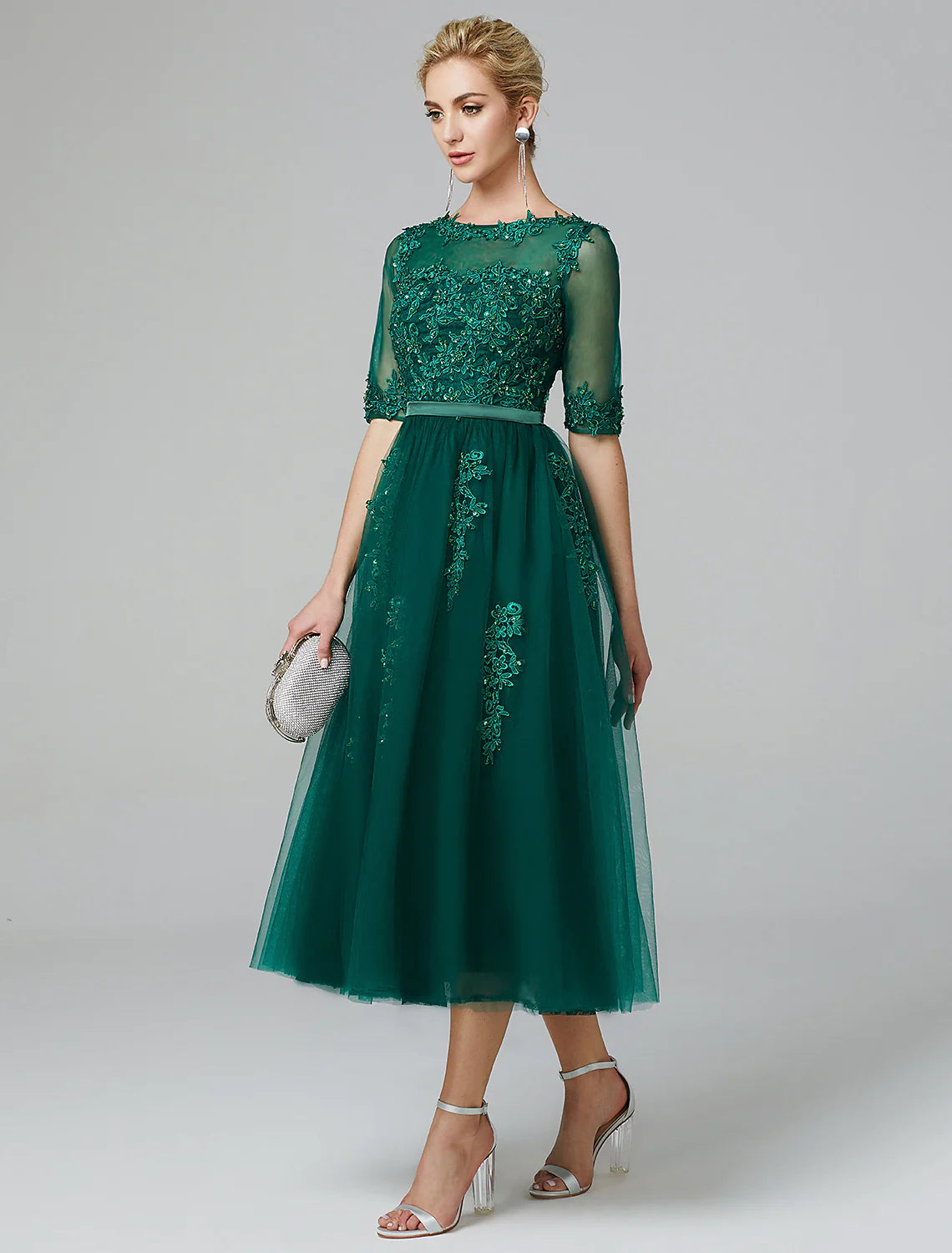 A-Line Elegant Dress Wedding Guest Tea Length Short Sleeve Off Shoulder Tulle with Sash / Ribbon Criss Cross Shift Classic Vintage