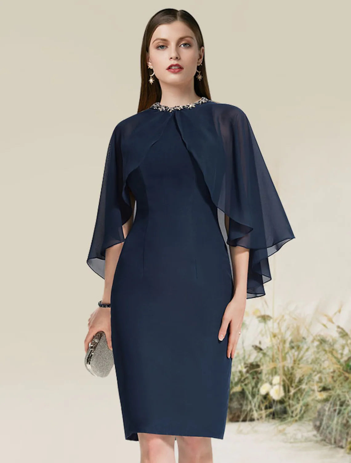 Cocktail Dress Party Knee Length Half Sleeve Chiffon with Beading Tunics Winter warm