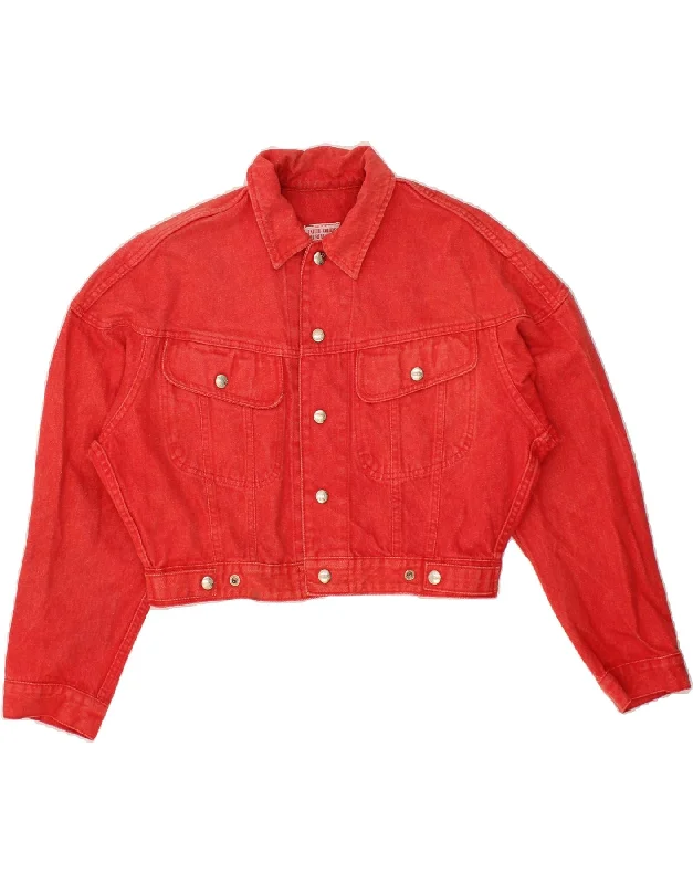 BENETTON Womens Oversized Crop Denim Jacket IT 42 Medium Red Cotton Faux Fur Fabric Real Fur Fabric Shearling Fabric