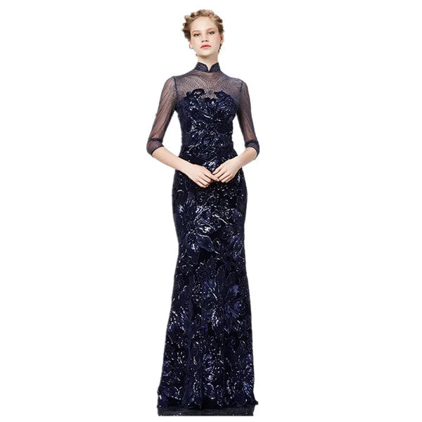 Long Sleeve Jersey Sequined Evening Ball Gown Ribbed Jersey Tee