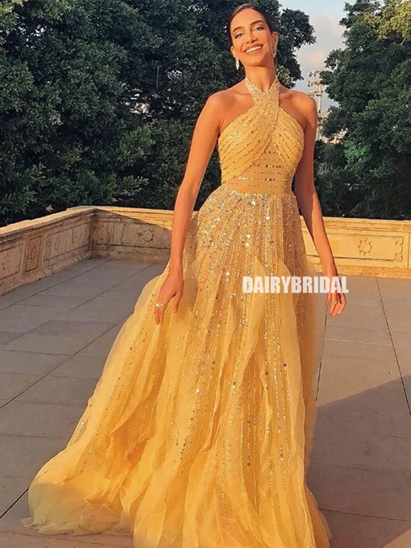 Halter Backless Tulle A-line Sequin Sleeveless Prom Dresses, FC4214 Tunics Denim casual