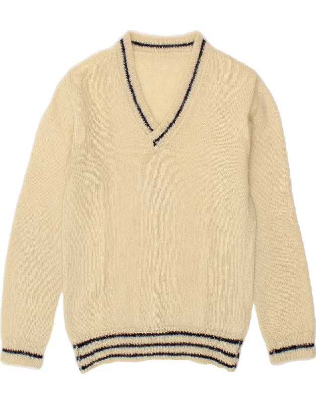 VINTAGE Womens V-Neck Jumper Sweater UK 12 Medium Off White Machine Wash Dry Clean Hand Wash