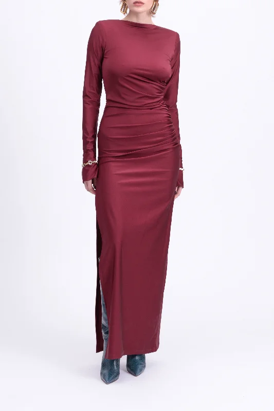 ROMANE CHAIN-EMBELLISHED RUCHED STRETCH-JERSEY MAXI DRESS Boat Neck Jersey Shirt