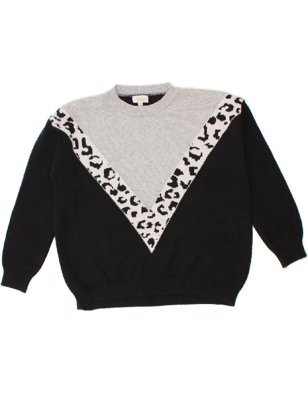 VINTAGE Womens Crew Neck Jumper Sweater UK 12 Medium Black Colourblock Fleece Fabric Down Fabric Feather Fabric