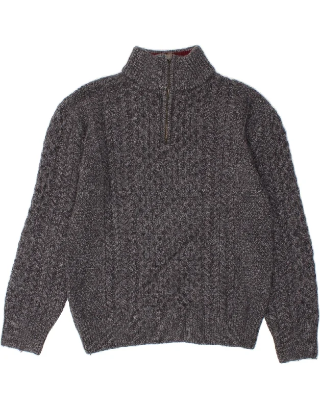 ARAN CO Womens Zip Neck Jumper Sweater UK 16 Large Grey Wool Mesh Sweater Canvas Denim