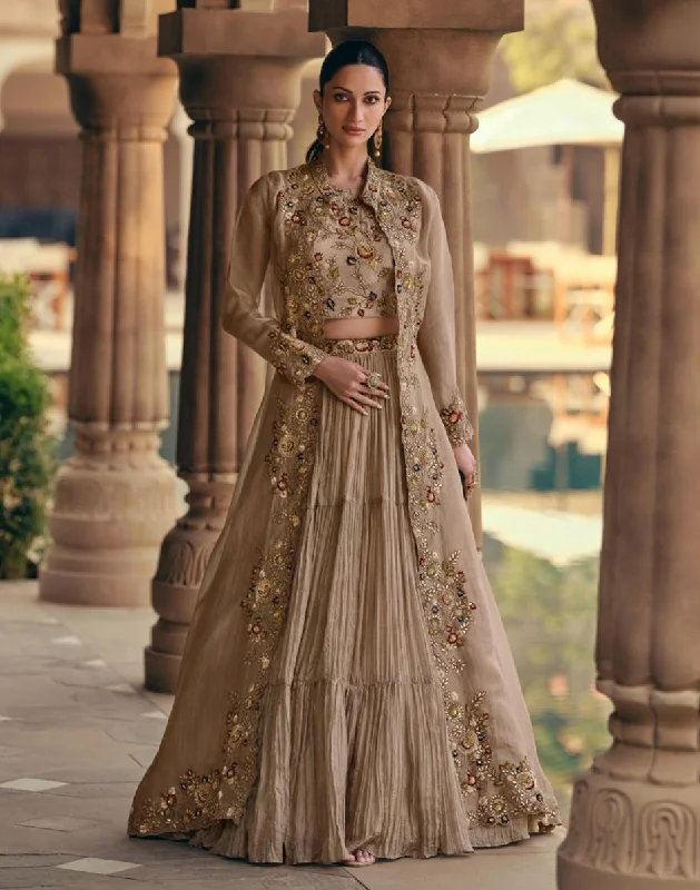 Graceful Beige Embroidered Chinon Silk Georgette Lehenga Blouse with Chic Jacket Satin Fabric Silk Fabric Chiffon Fabric