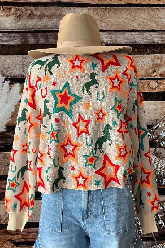 Western Star Horse Print Sweater Terry Blend Velvet Blend Canvas Blend